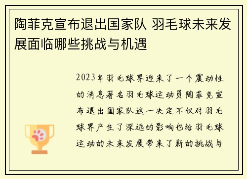 陶菲克宣布退出国家队 羽毛球未来发展面临哪些挑战与机遇